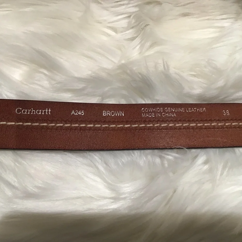 Carhartt Brown Cowhide Genuine Leather Belt, center topstitching, brass buckle